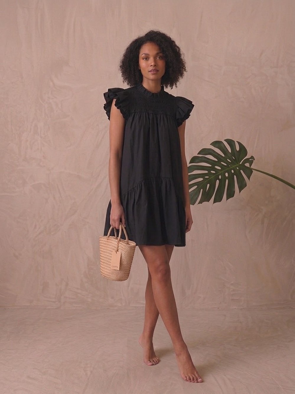 NEW Love The Label Black Smocked Ruffled Mini Dress S